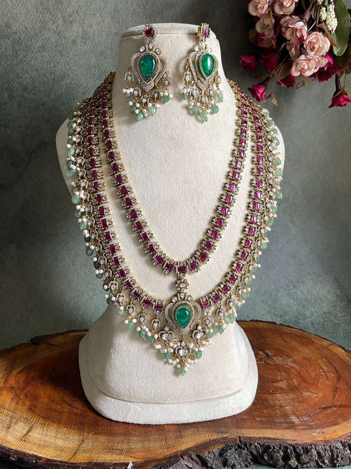 VICTORIAN RED RUBBY LAYERED NECKLACE SET WITH EARRINGS