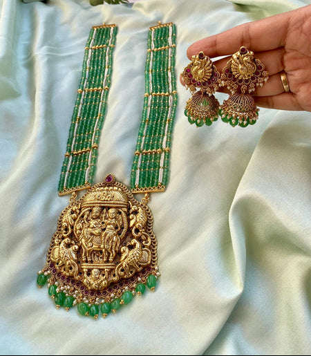 Emerald Beaded Lakshmi Temple Long Necklace Haram Set