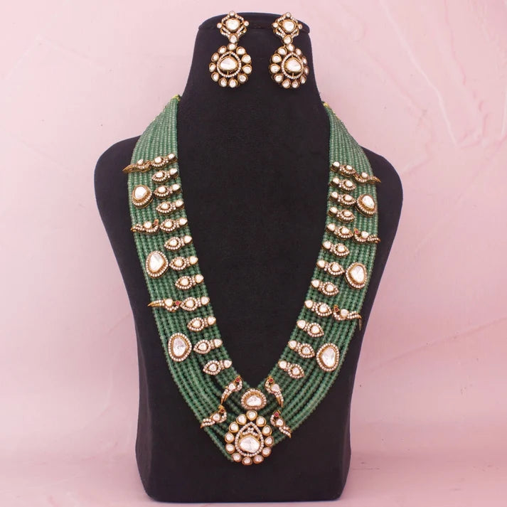 Grand Moissanite Polki Beads Mala Necklace With Matching Earrings
