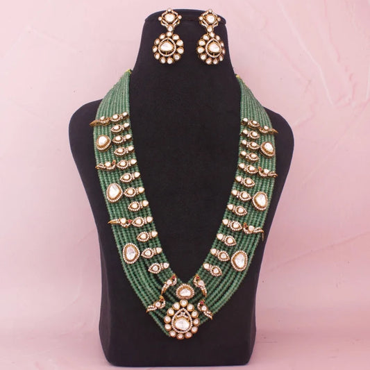 Grand Moissanite Polki Beads Mala Necklace With Matching Earrings