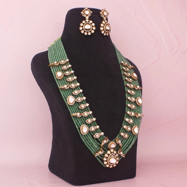 Grand Moissanite Polki Beads Mala Necklace With Matching Earrings