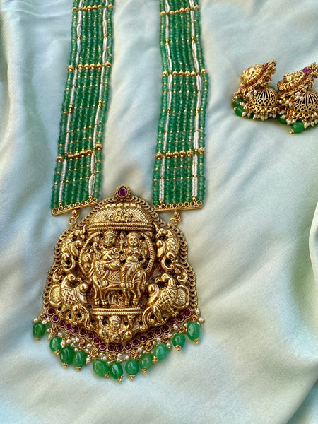 Emerald Beaded Lakshmi Temple Long Necklace Haram Set