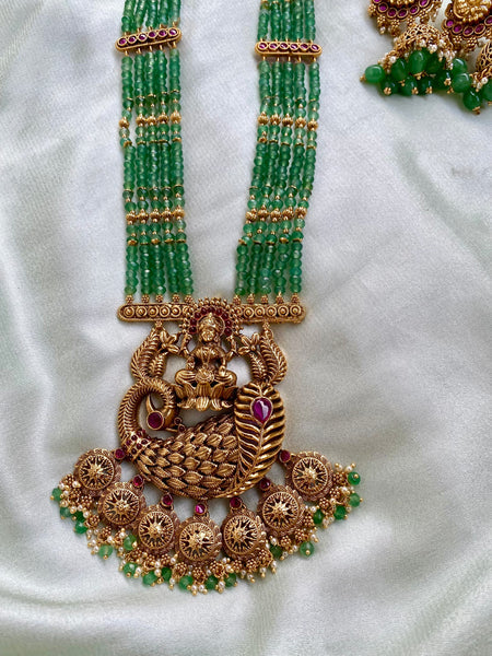 Green Lakshmi Peacock Pendant long Haram Set