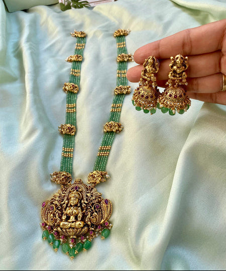 Bridal Lakshmi and Peacock Green and Golden beads Long Haram with Jhumkas