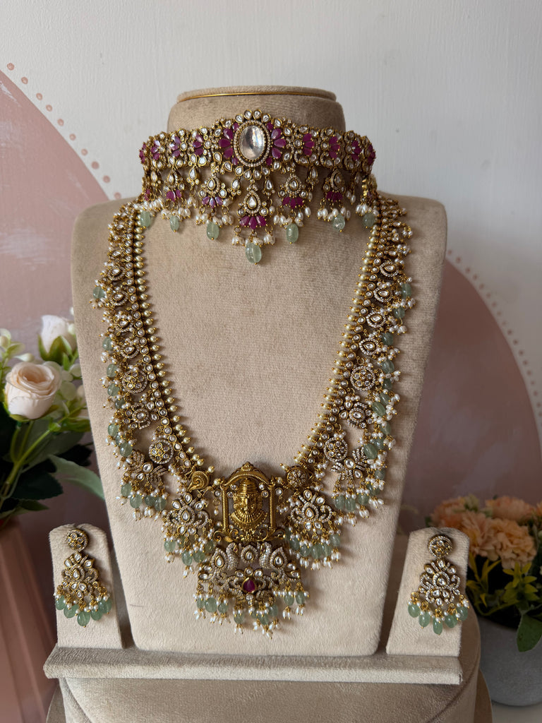 Balaji Jadau finish Moissanite Long Haram and Choker with Earrings