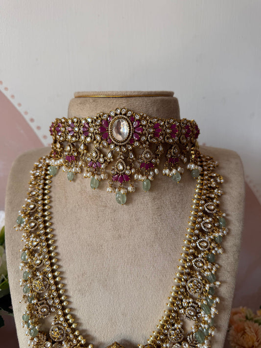 Balaji Jadau finish Moissanite Long Haram and Choker with Earrings
