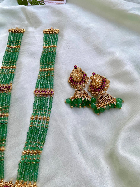 Green Lakshmi Peacock Pendant long Haram Set
