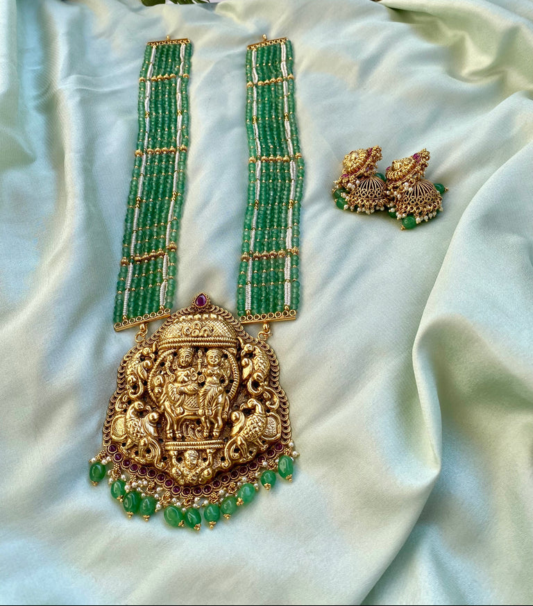 Emerald Beaded Lakshmi Temple Long Necklace Haram Set