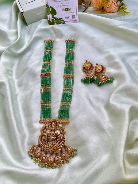 Green Lakshmi Peacock Pendant long Haram Set