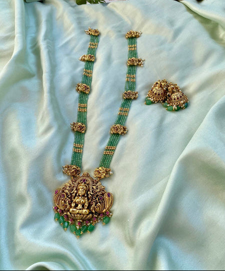 Bridal Lakshmi and Peacock Green and Golden beads Long Haram with Jhumkas