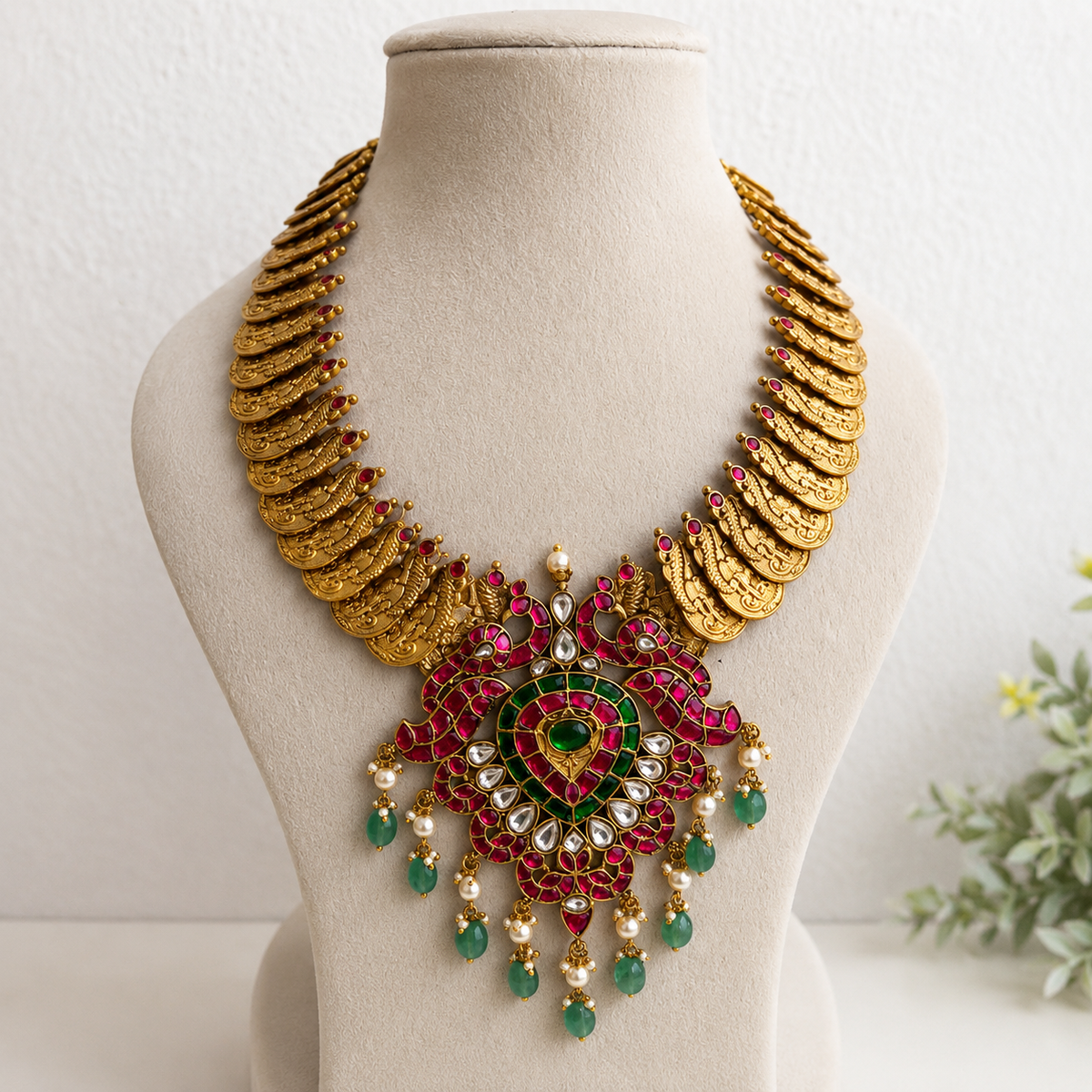 Traditional Peacock Motifs Kemp brass Coin Kemp Pendant Necklace