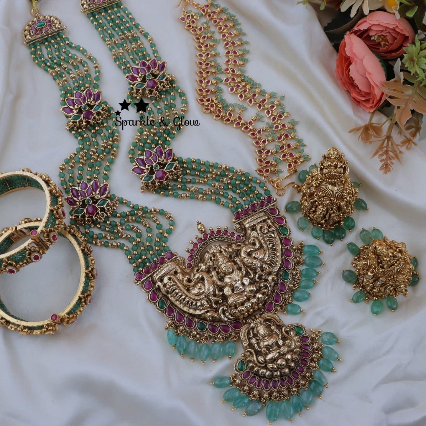 Naari Pearls and Temple Mala Set With Earchain